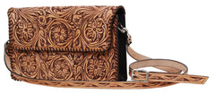 Tooled Floral Carved Crossbody Bag with Whipstitch Strap