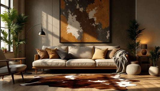 cowhide displayed in a modern living room 