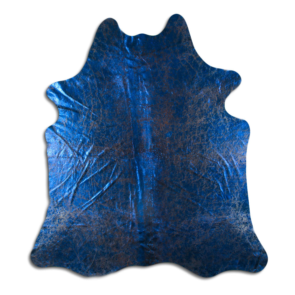 Cowhide Rug Blue Metallic on Brown Medium