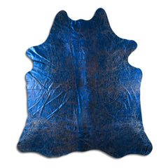 Cowhide Rug Blue Metallic on Brown Medium