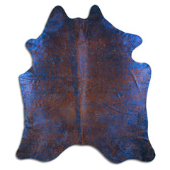 Cowhide Rug Blue Metallic on Brown Large