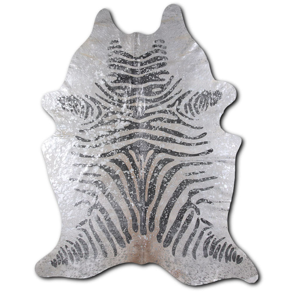 Cowhide Rug Black Zebra with Silver Metallic Large