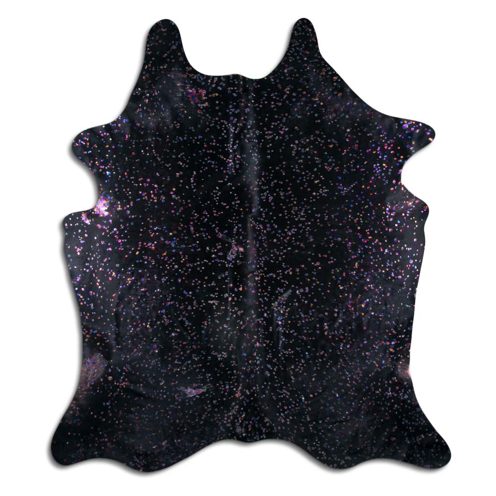 Cowhide Rug Rainbow Metallic on Black Large