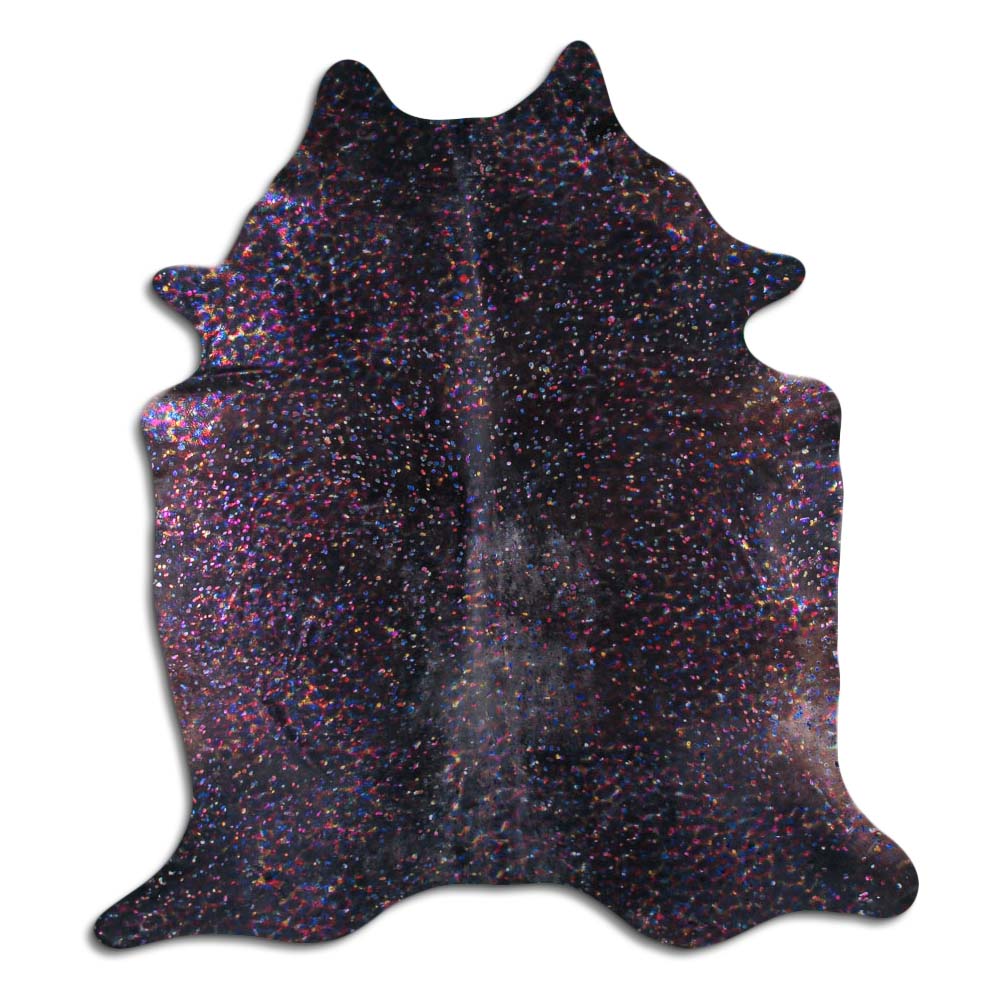 Cowhide Rug Rainbow Metallic on Black Large