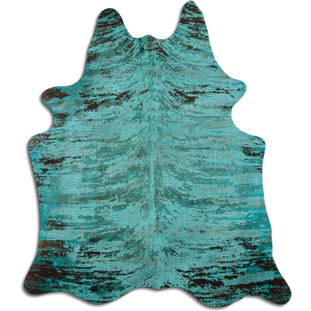 Cowhide Rug Distressed Croc Turquoise Medium