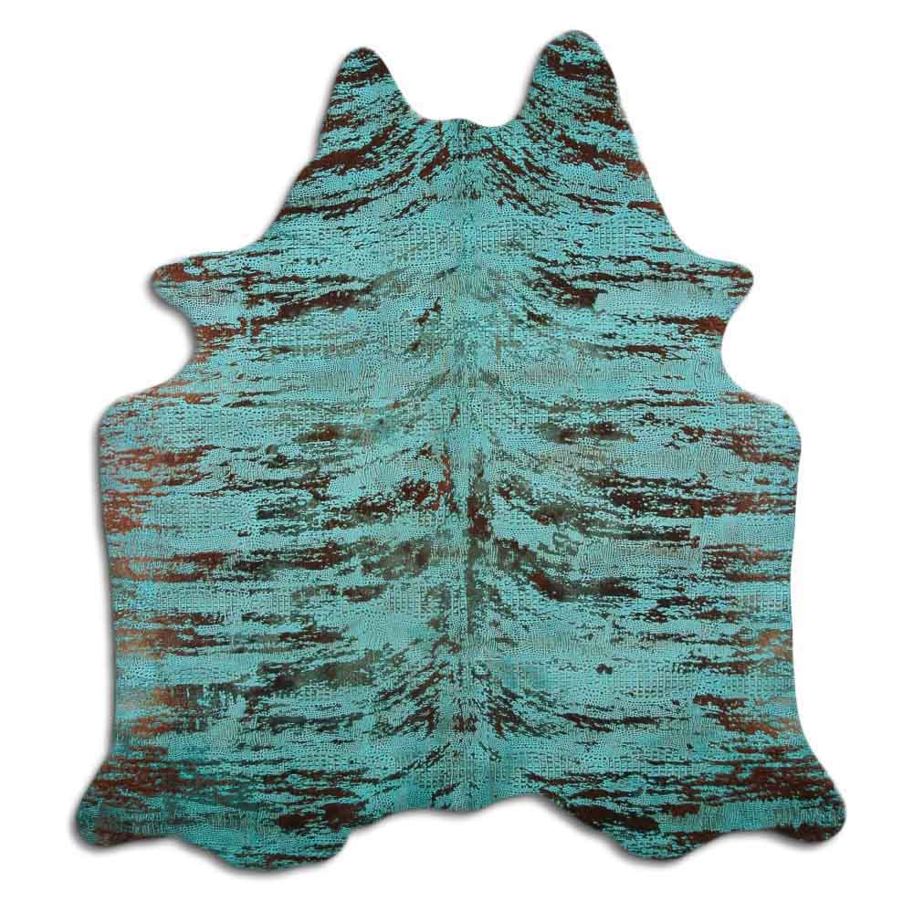 Cowhide Rug Distressed Croc Turquoise Medium