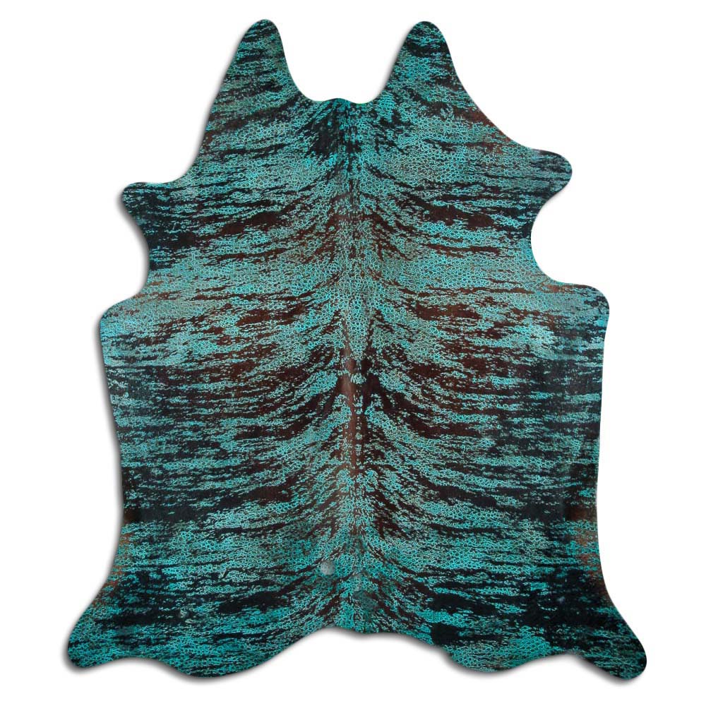 Cowhide Rug Distressed Frog Turquoise Large