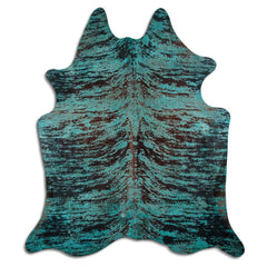 Cowhide Rug Distressed Frog Turquoise Large