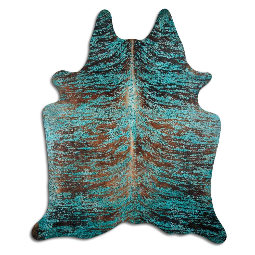 Cowhide Rug Distressed Frog Turquoise Large