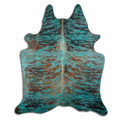 Cowhide Rug Distressed Frog Turquoise Large