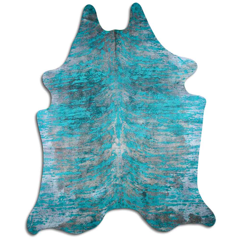 Cowhide Rug Distressed Snake Turquoise Large
