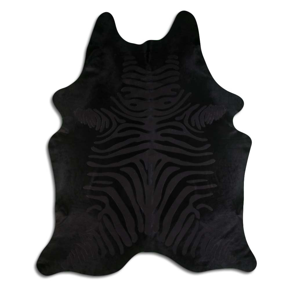 Cowhide Rug Distressed Zebra Black on Black Large