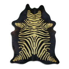Cowhide Rug Distressed Zebra Yellow on Black Large