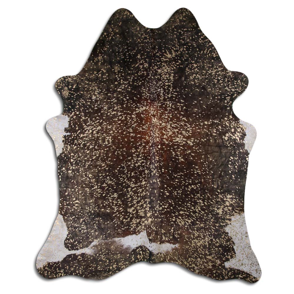 Cowhide Rug Gold Metallic on Brown and White Large