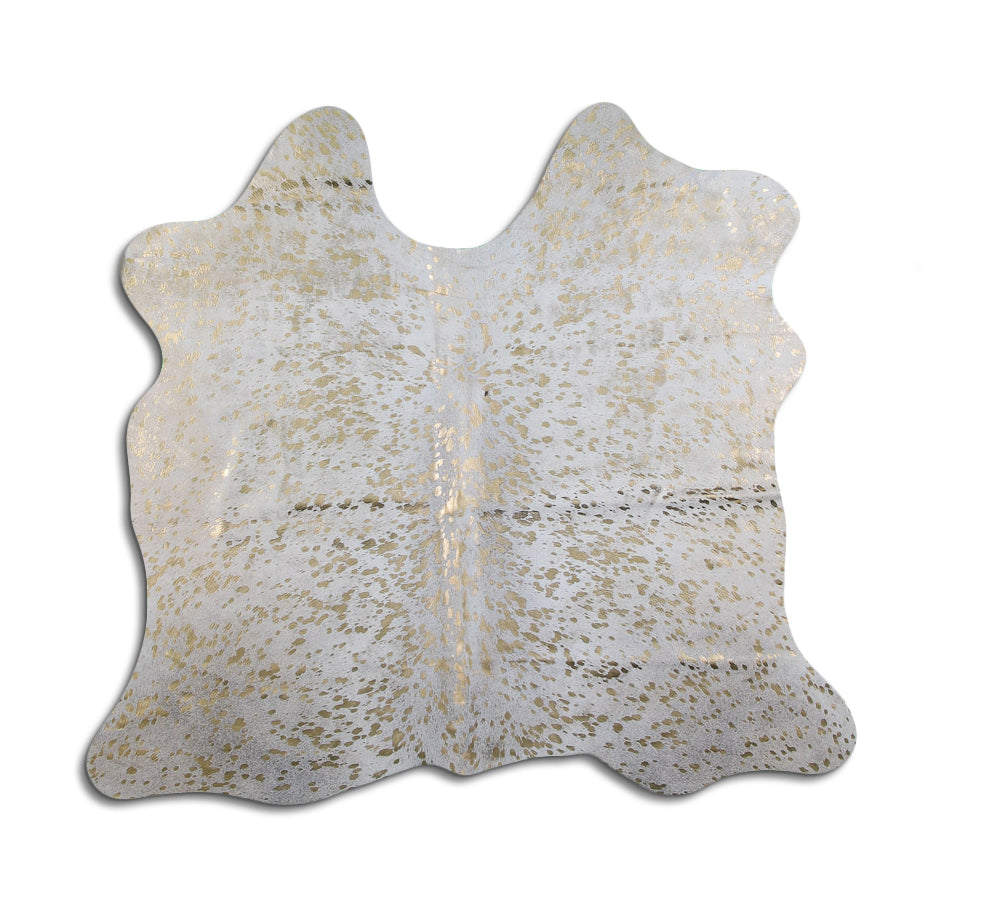 Cowhide Rug Gold Metallic on White Medium