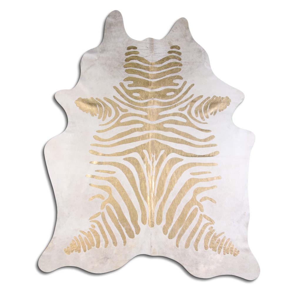 Cowhide Rug Gold Metallic Zebra on White Large