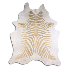 Cowhide Rug Gold Metallic Zebra on White Large