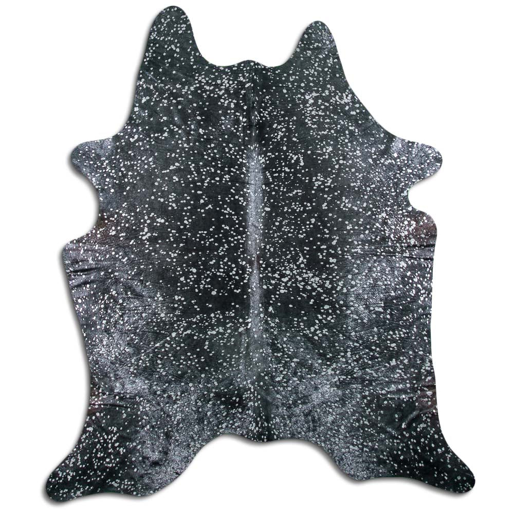 Cowhide Rug Silver Metallic on Black Medium