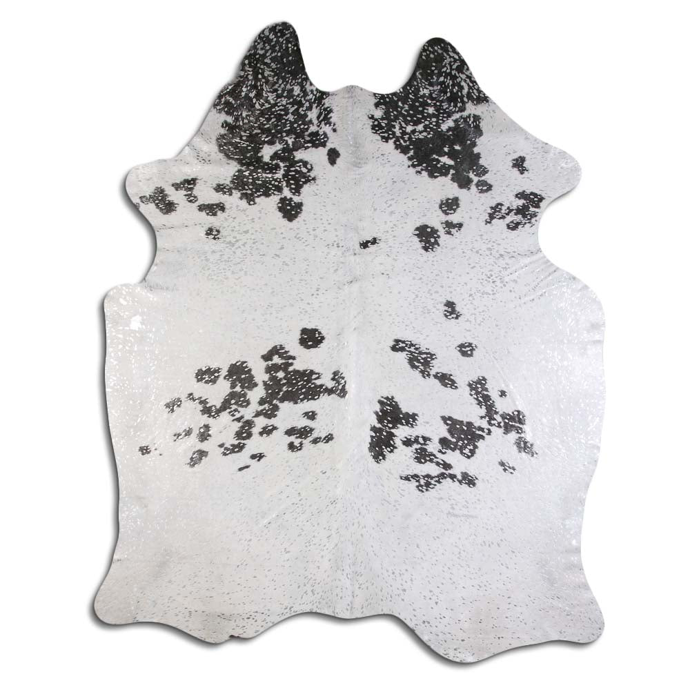Cowhide Rug Silver Metallic on Black and White Large