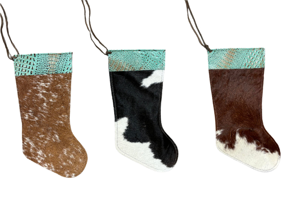 Natural Cowhide Stocking with Croc Turquoise Top