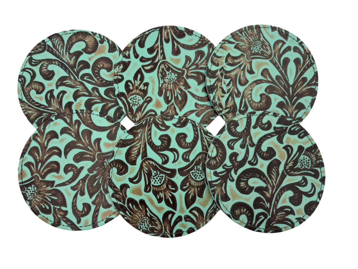Turquoise Floral Embossed Leather Coaster