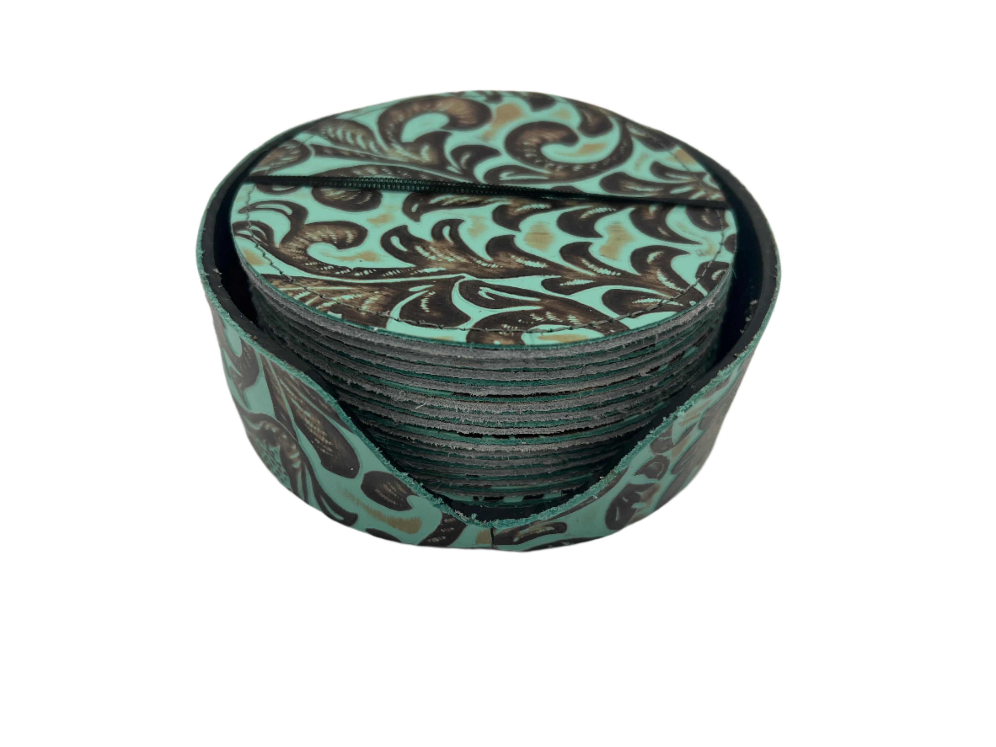 Turquoise Floral Embossed Leather Coaster