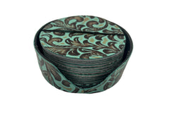 Turquoise Floral Embossed Leather Coaster